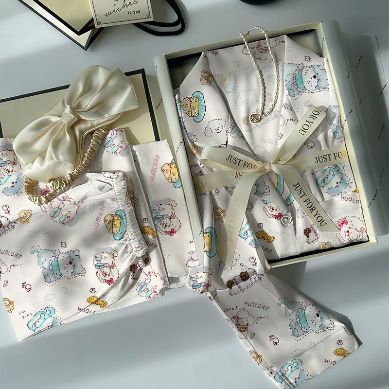 French Cute Cat Ice Silk Pajamas Women'S Spring And Autumn Sweet Wind Cool Long-Sleeved Loungewear Suit Can Be Worn Outside