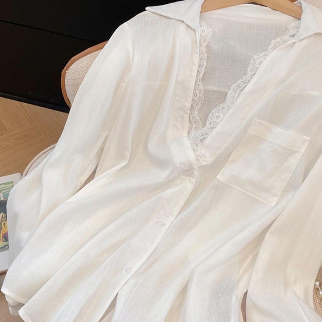 White Long Sleeve Blouses Women's Clothes Patchwork Lace Fashion Shirts See Through Oversized Sexy Tops