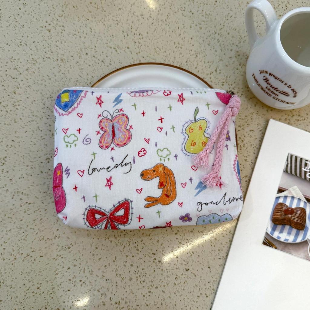 Adorable Blue Cartoon Makeup Bag: Mini Pure Cotton Coin and Earphone Pouch, Lipstick Carrier, Portable Storage.