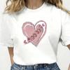 Women's white short-sleeve T-shirt with large pink heart design, casual summer T-shirt