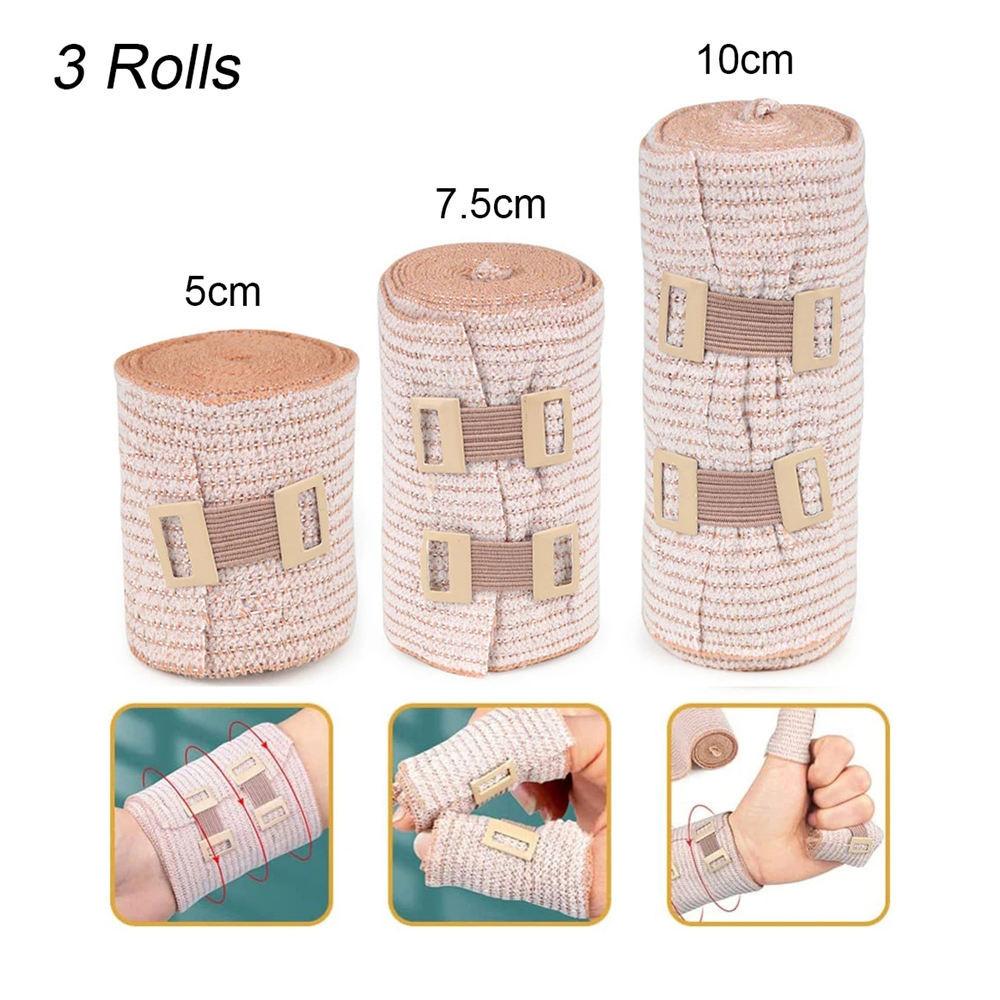 3 kompresní obvazy s klipovým uzávěrem | Strečové elastické bandáže na chodidlo, kotník, koleno, nohu, paži a tělo, svalová natažení