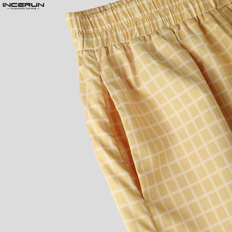 INCERUN Men's Plaid Wide Leg Trousers Elastic Waist Casual Straight Loose Pants
