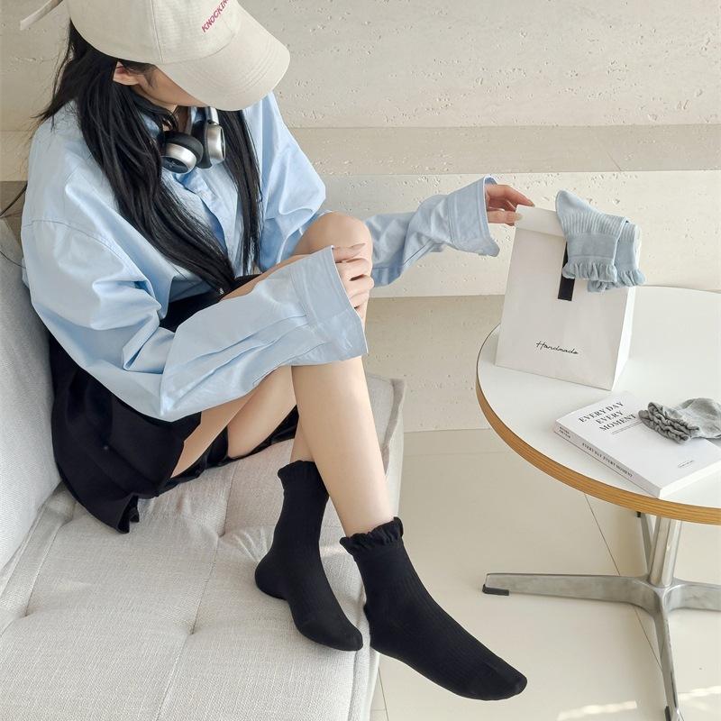 Lolita Fungus Edge Girl Stacking Socks Wind Korean Solid Color Short Socks Pure Cotton Sweet Lace Socks Children