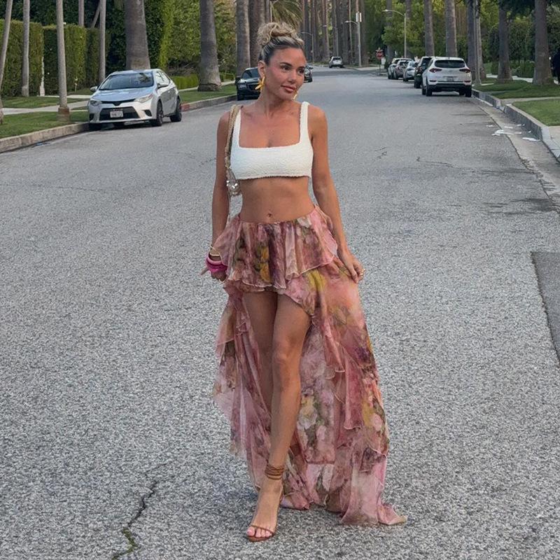 European Style 2024 Floral Print Irregular Maxi Skirt with Double-Layer Ruffles