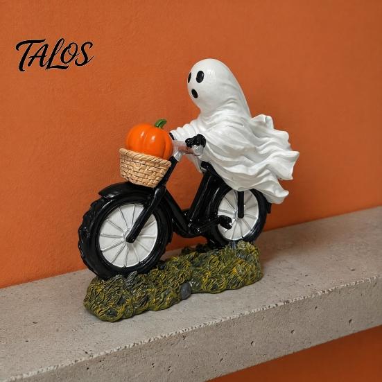 Small Ghost Figurine with Pumpkins Halloween Riding Motorcycle Figurine, Novelty Rider Resin Decor Statue Pumpkin for Indoor Home Desk Tabletop