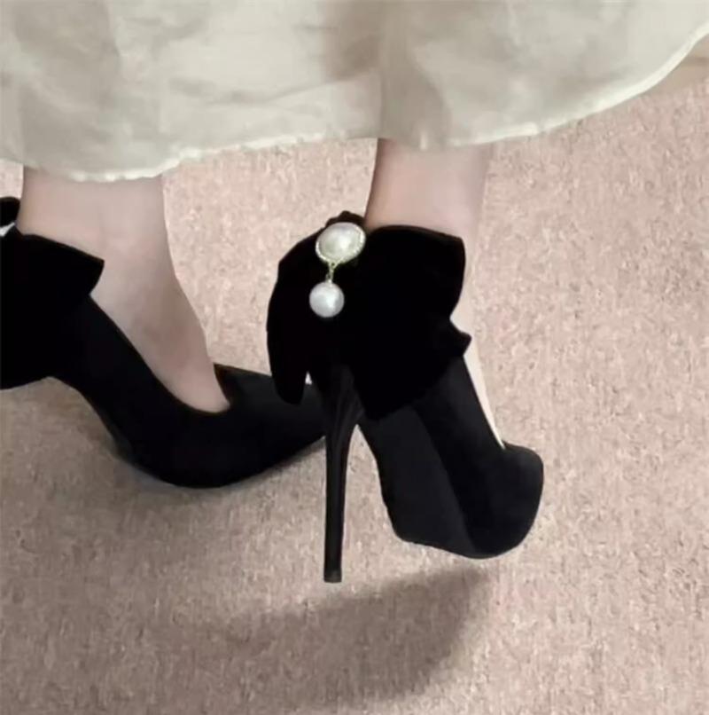 Sommer 2025 Ny Kjole Perlesløyfe Spiss Tå Vanntett Plattform Temperament Vakre Høye Hæler Dames Stiletthæler Brudesko.