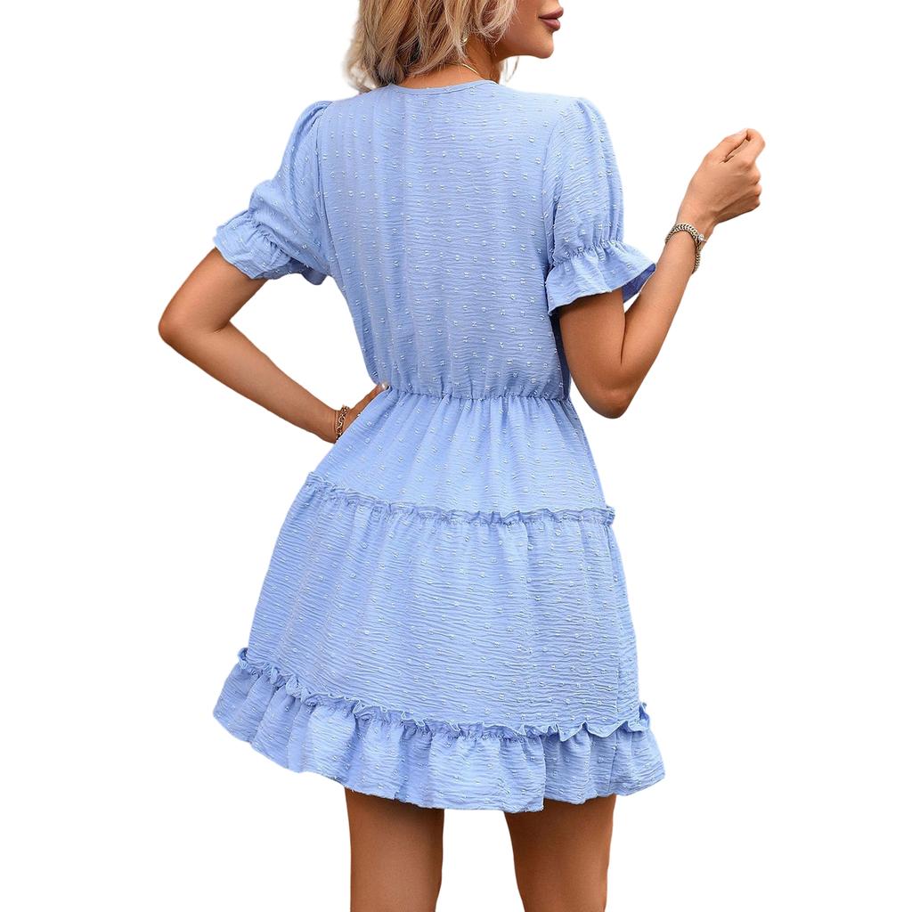 Zomerse Casual Jurk voor Dames met Korte Mouwen, Strik in de Taille, Gerimpelde Zoom, V-hals Design, Lichtgewicht Stof, Elegante Stijl