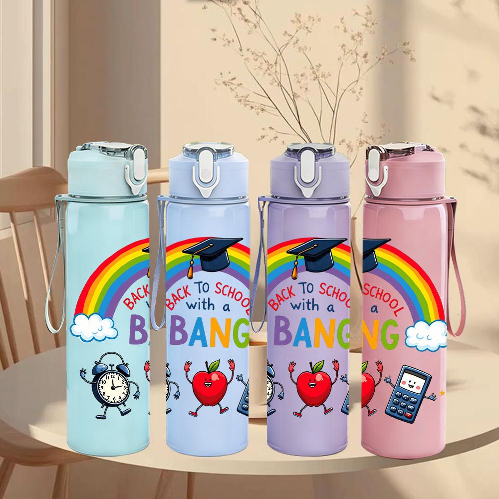 1PC Rainbow Clock Robot Quote Text 750ml Color Plastic Water Bottle Leakproof Flip Straw Lid For Sports Office Home Use