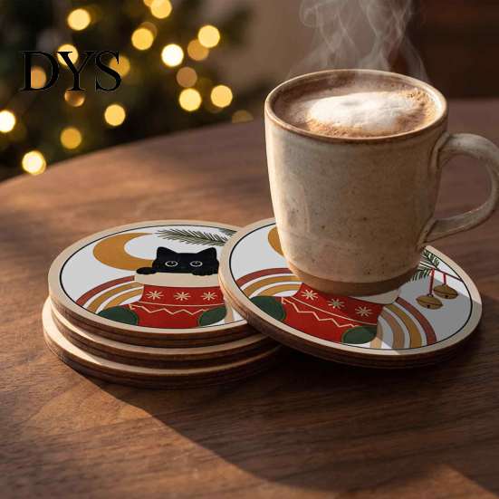 Stackable Coaster Set 4PCS Black Cat Acrylic Coasters, Christmas Festive Tabletop Coffee Table Protection Pads Mats, Non-Slip Rounded Coasters