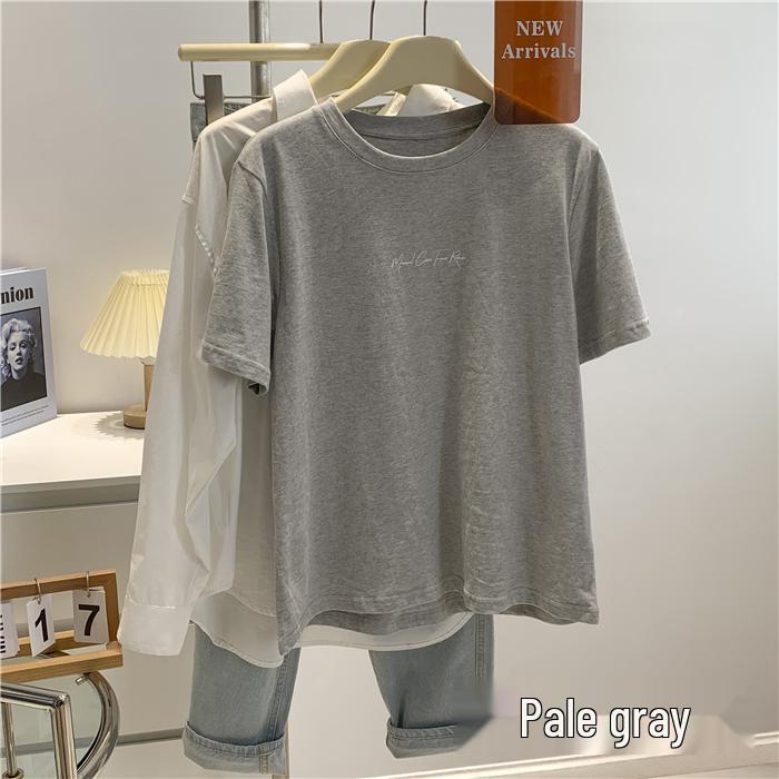 

Women s Light Grey Printed Cotton Short Sleeve T-Shirt - Soft Round Neck, Skin-Friendly Korean Style Top One Size светло-серый