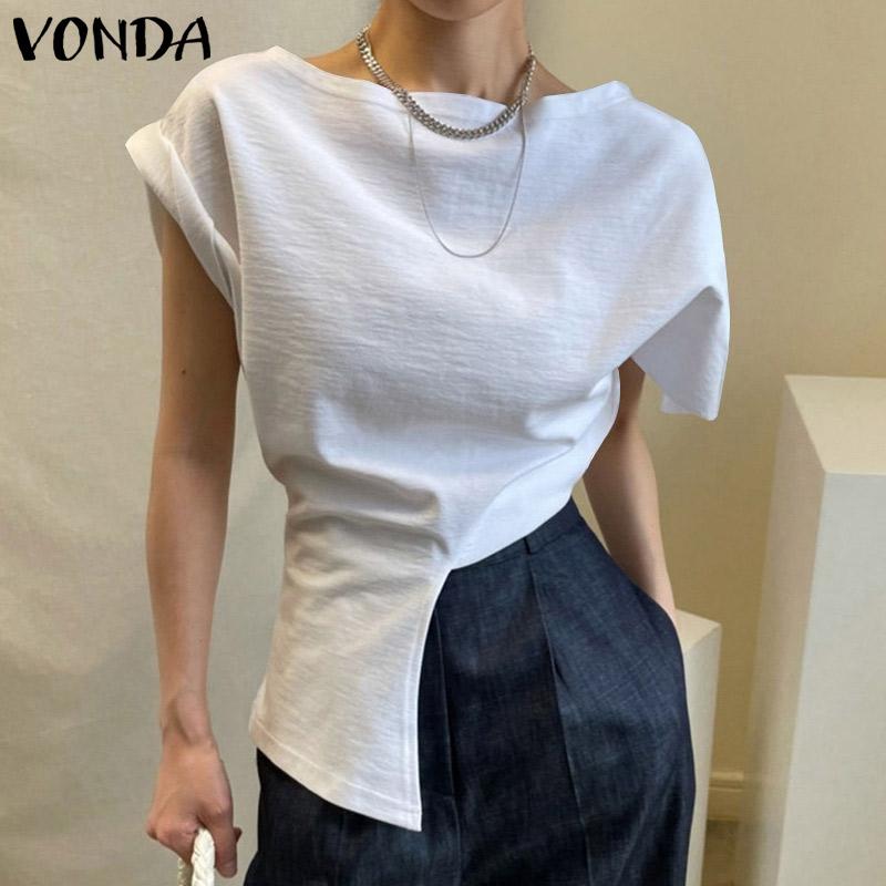 

VONDA Летняя женская мода больших размеров с коротким рукавом и круглым вырезом, асимметричная блузка с разрезом, футболки с разрезом, однотонные повседневные плиссированные топы