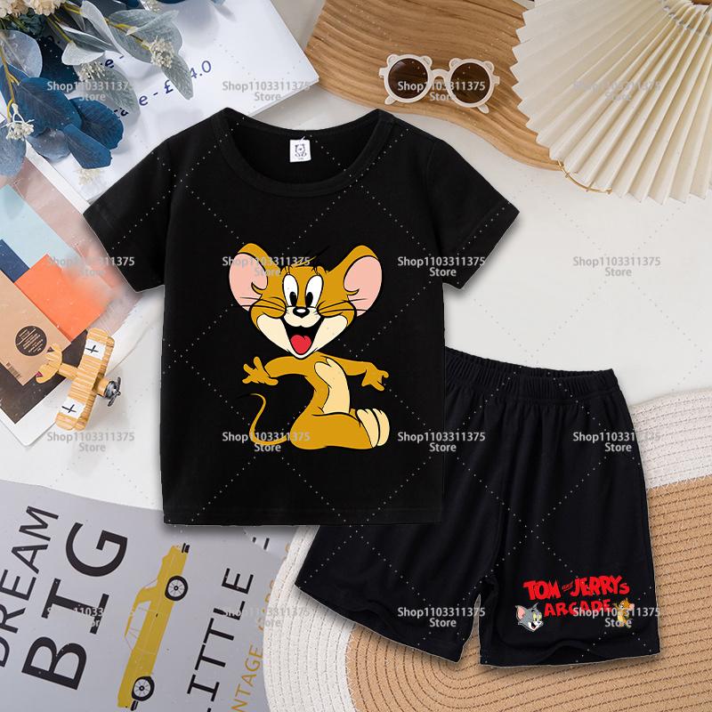 Tom and Jerry T-shirt Shorts Set Cute Cartoon Printed Casual Wear Fashion Summer Boys Girls Clothes Birthday Gift Tops Sportwear