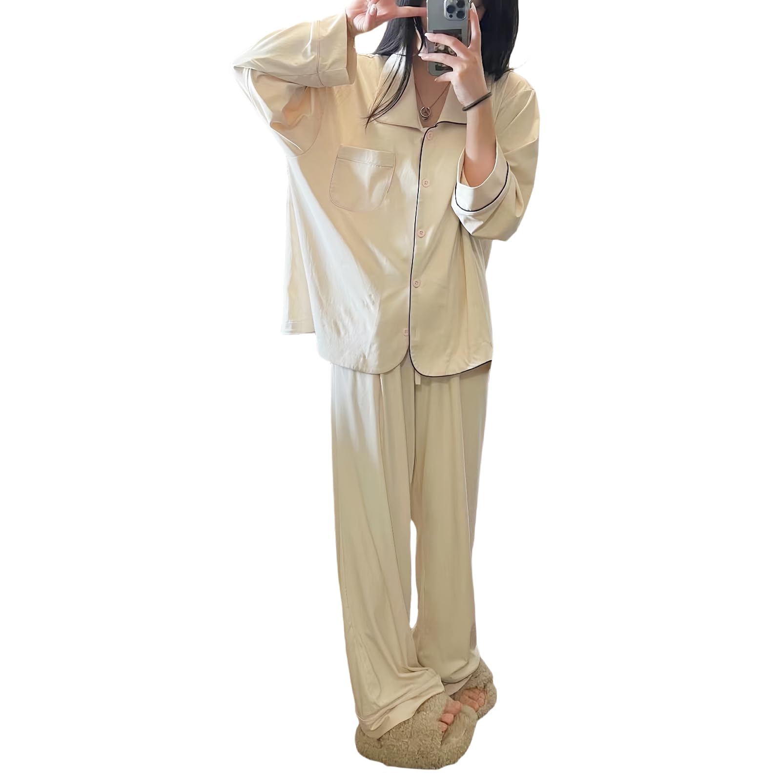 

MilaCorinna Pajama Long Solid Loose Plus Sizes Simple Gift for Apricot Women s Set, Open-Front, Sleeves, Pants, Thin, Color, Soft, Lightweight, абрикосовый