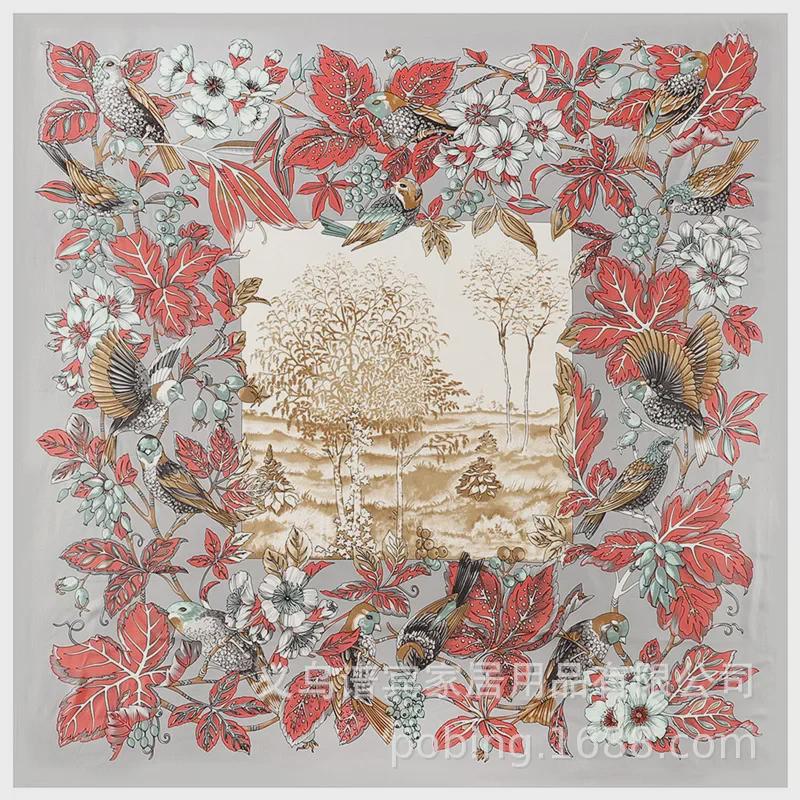 "New European and American Jungle Floral Bird Print 130cm Silk Twill Satin Square Scarf Shawl"