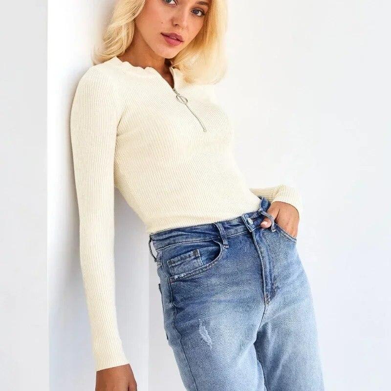 

Slim Fit с круглым воротником, однотонный свитер с длинными рукавами, вязаные топы, женские осенне-зимние модные пуловеры на молнии 29690 One Size