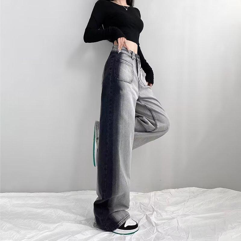 Women's High-Waist Black & Gray Wide-Leg Jeans - Personalized Summer Casual, Slimming, All-Match, Floor-Length Design.