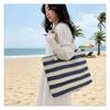 Striped Beach Tote Bag Straw Foldable Shoulder Bag Zipper Large Capacity Travel Handbag For Travel Work Beach Gym Store