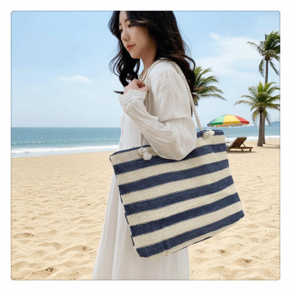 Striped Beach Tote Bag Straw Foldable Shoulder Bag Zipper Large Capacity Travel Handbag For Travel Work Beach Gym Store