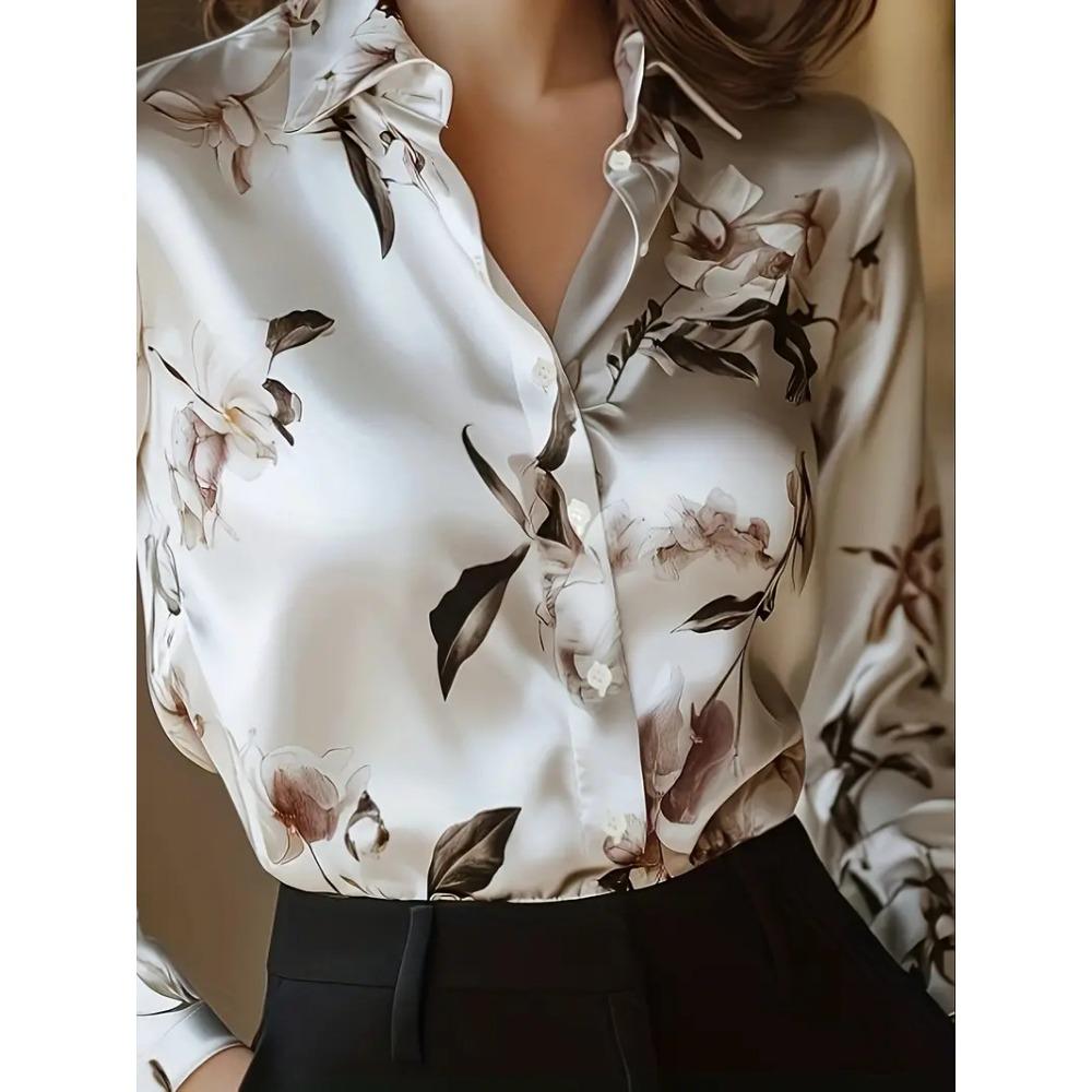 2026 New Small Fresh Floral Print Satin Blouse for Women Slim Fit Office Commute Long Sleeve Shirt