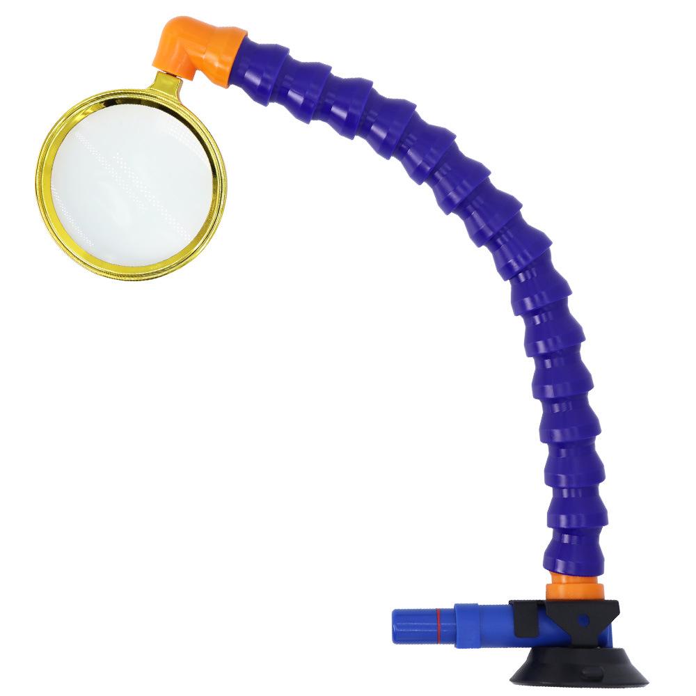 

Magnetic Base Gooseneck Car Dent Repair Tool with Magnifying Glass and Suction Cup Stand.