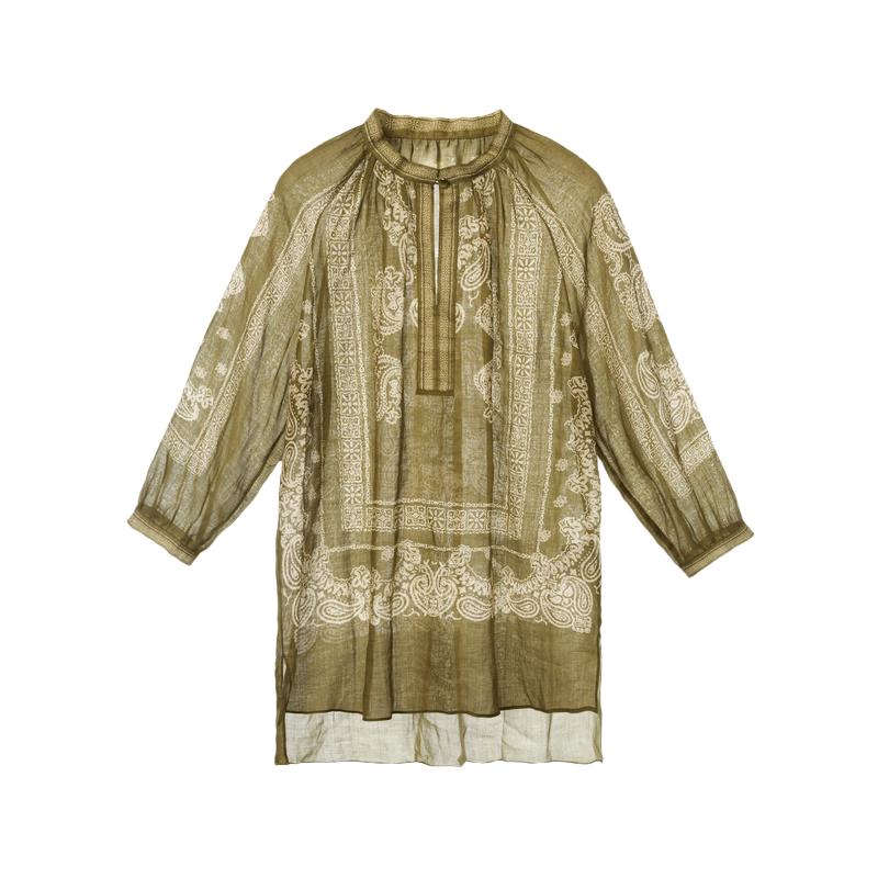 Langzi Retro Print Ramie Shirt L оливковое зеленый