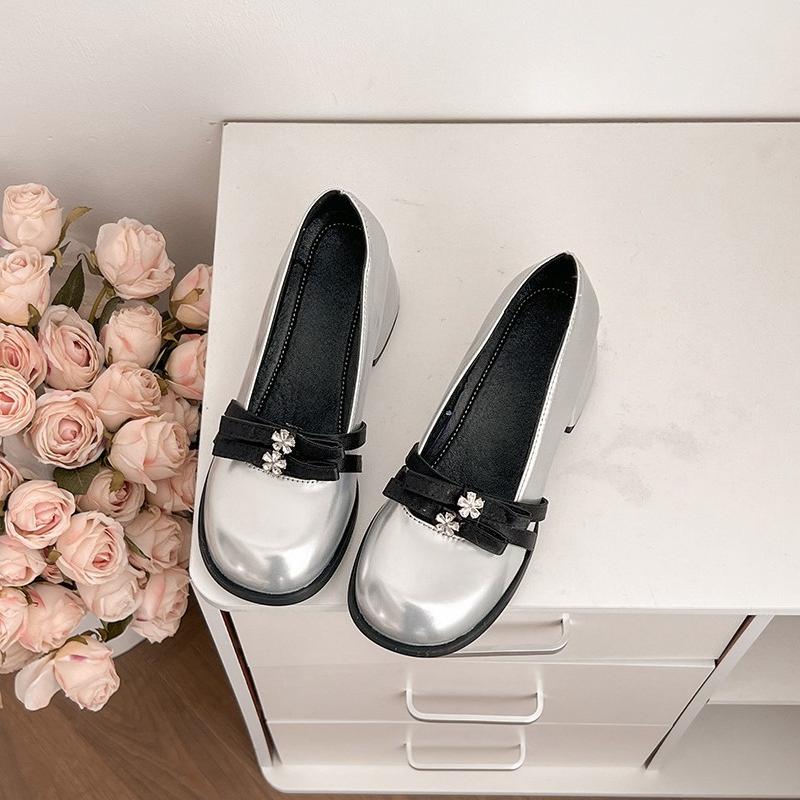 Block Heel Mary Jane Single Shoes Women's Round Toe Shallow Slip Rhinestone Bow Slip Anti-Slip Wear-Resistant High Heels