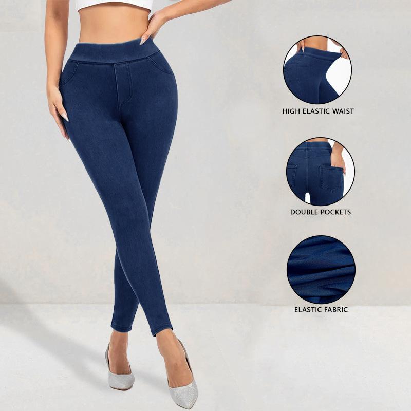 European and American imitation denim yoga fitness pants, thin hip lift elastic leggings, women's high waist belly Barbie pants pockets