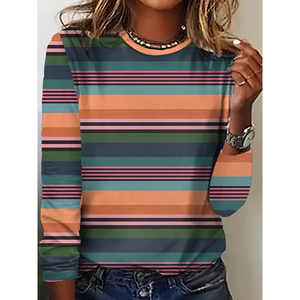 Women's T-Shirt Casual Long Sleeve Stripe Pattern Print Crew Neck Female Oversized Clothing Outdoor Vintage T Shirts