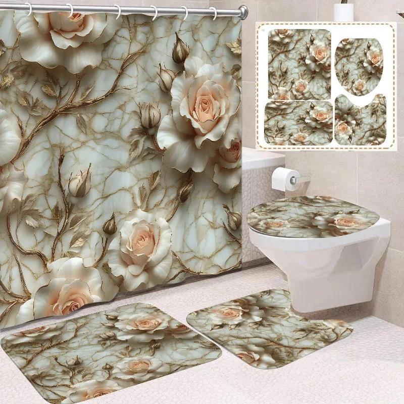 1/4 Stuks Waterdicht en schimmelbestendig Douchegordijn Luxe met Haak Douchegordijn met antislip mat U-vormige mat toiletdekselhoes