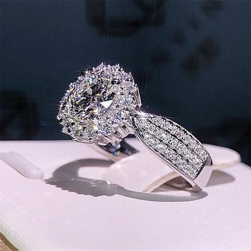 Hot Sale Sparkling Silver Color Round Crystal Rhinestone Zircon Ring with Clear AAA CZ Wedding Engagement Bridal Fashion 5