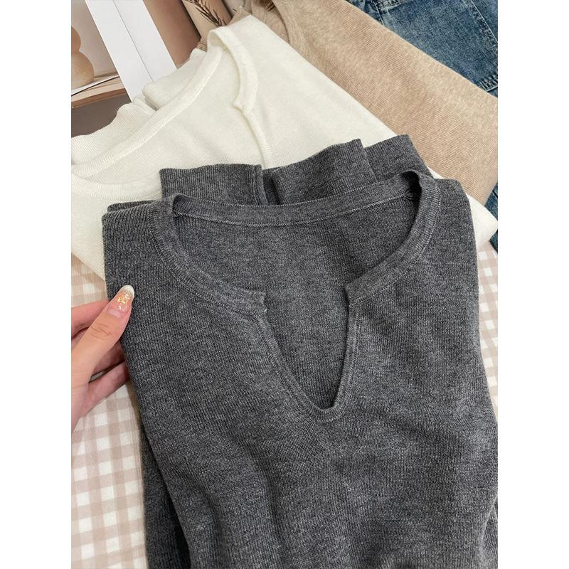 Niche versatile loose collar with long-sleeved knitted sweater women's spring temperament soft waxy and thin bottoming top