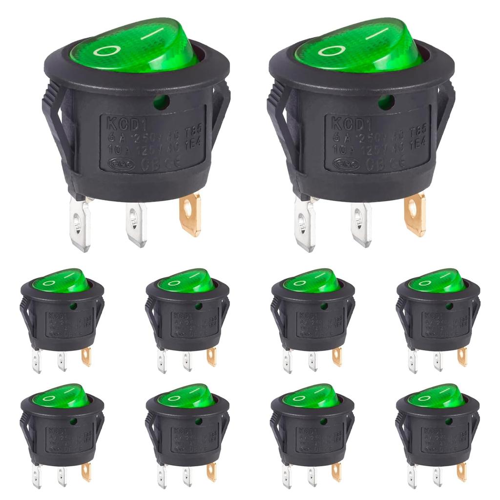 VEXUNGA Round Rocker Switch Red Light Illuminated On Off 3 Pin 2 Position Mini Rocker Switch 125V 10A 250V 6A KCD1 Small Circle Toggle Switches for
