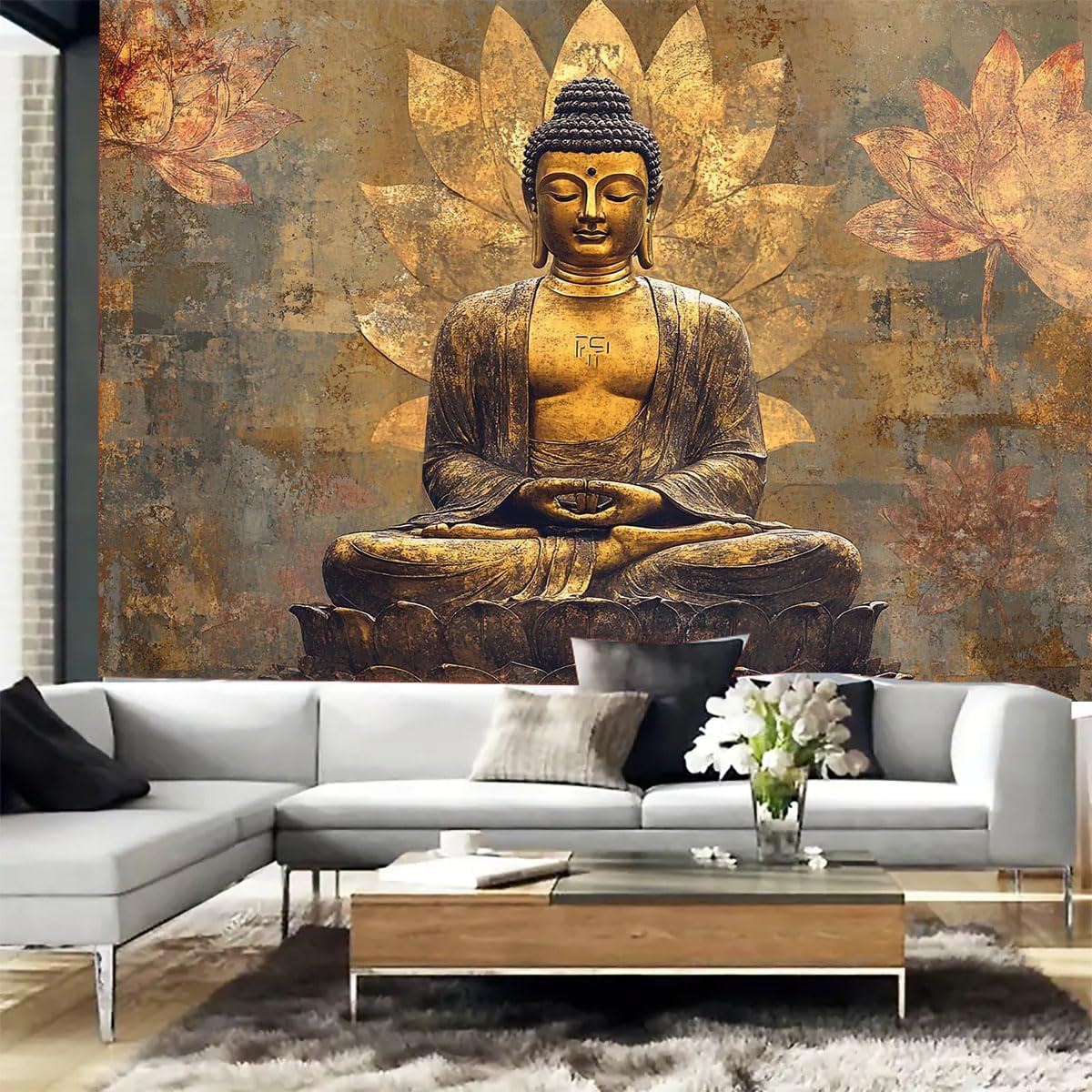 Tapestry of a seated golden Buddha on the wall 75x100 чёрный