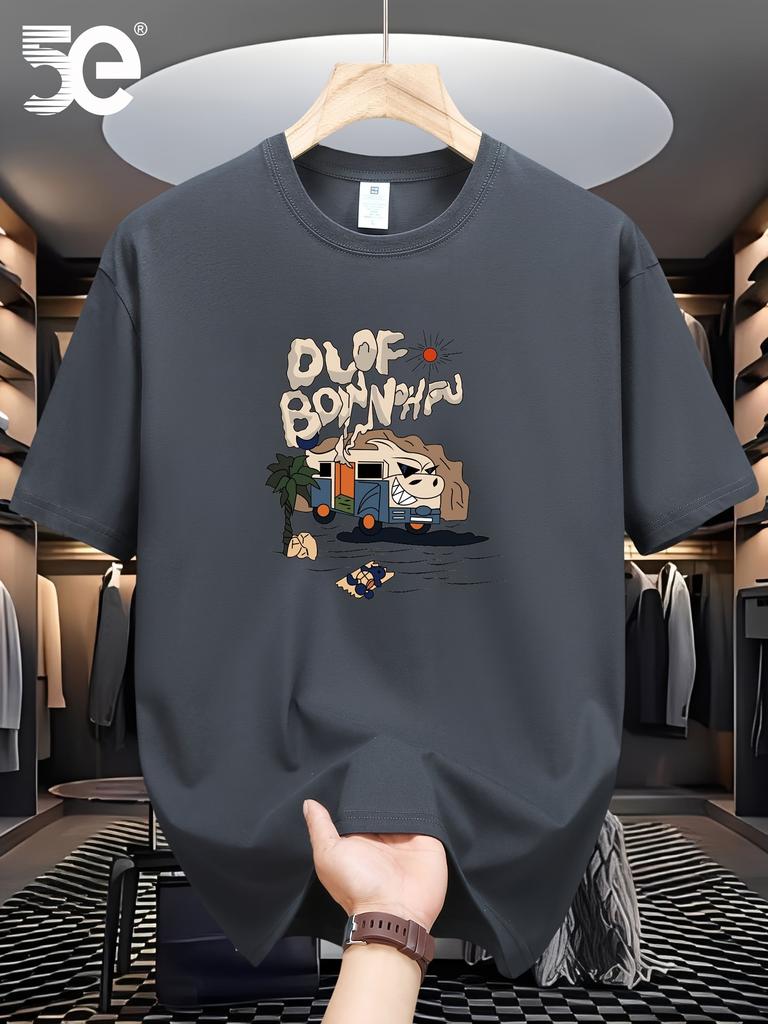 Pánské 100% čistá bavlna letní volný střih s potiskem kresleného vzoru ležérní a pohodlné tričko s kulatým výstřihem a krátkým rukávem