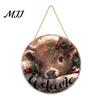 Waterproof Holiday Porch Sign Christmas Hanging Sign, Round Wooden Welcome Cute Dog Gingerbread Front Door Man for Wall Decor