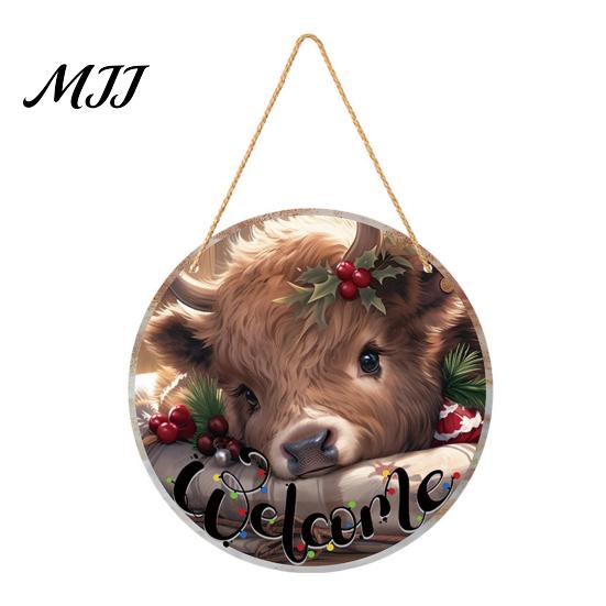 Waterproof Holiday Porch Sign Christmas Hanging Sign, Round Wooden Welcome Cute Dog Gingerbread Front Door Man for Wall Decor
