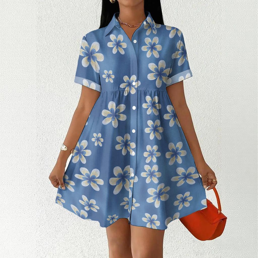 Casual Loose Fit Shirt Dress for Women Button Front Short Sleeve Collared Dress with Printed Hemline Border Design
