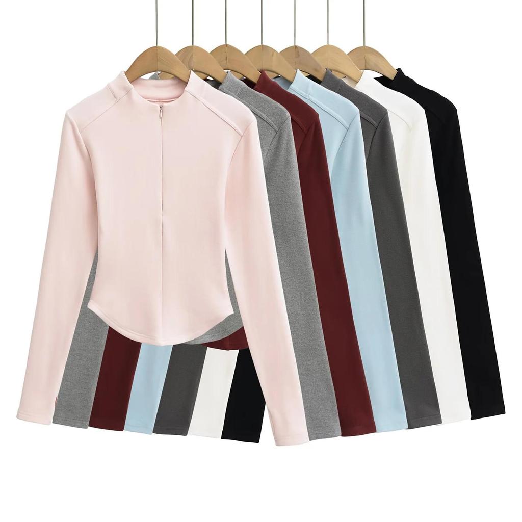 Spring 2025 Women's Small Waist Slimming Curved Velvet Half-Zip Long Sleeve T-shirt