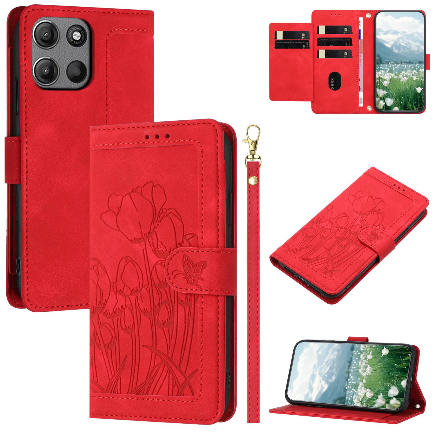 

For Motorola Moto G15 4G Tulip Leather Case Phone Cover with 5 Card Slots Wallet Red