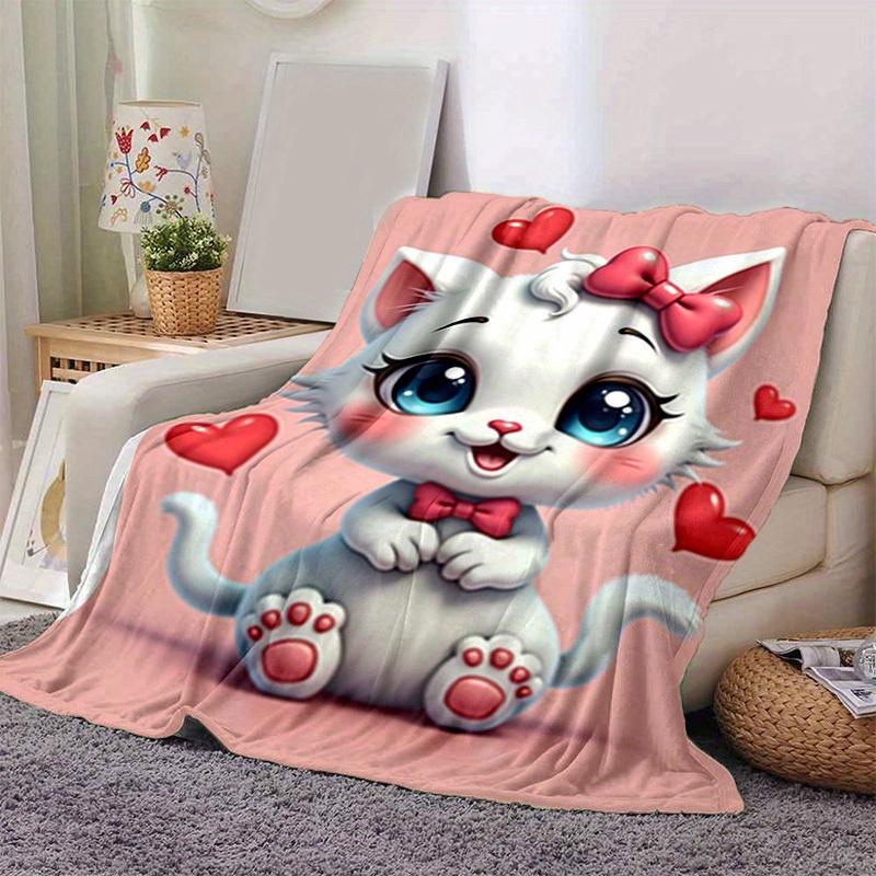 1pc Cute Cartoon Cat with Bowknot Heart-Shaped Decorative Throw Blanket for Home Decoration, Birthday Gift, All Seasons Use, Cartoon Blanket
