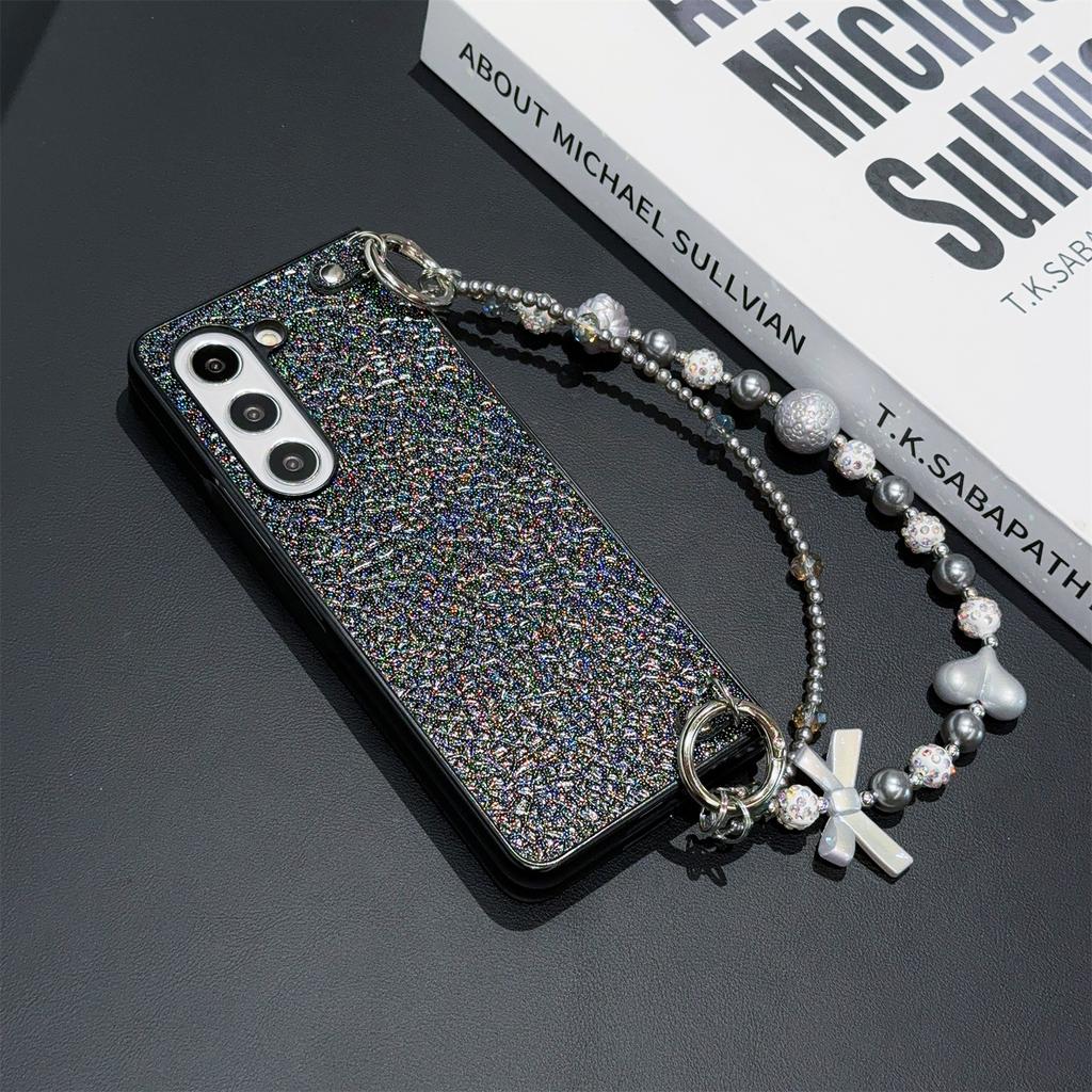 For Samsung Galaxy Z Fold6 5G Case Textured Glitter Leather+PC Phone Cover with Beaded Strap