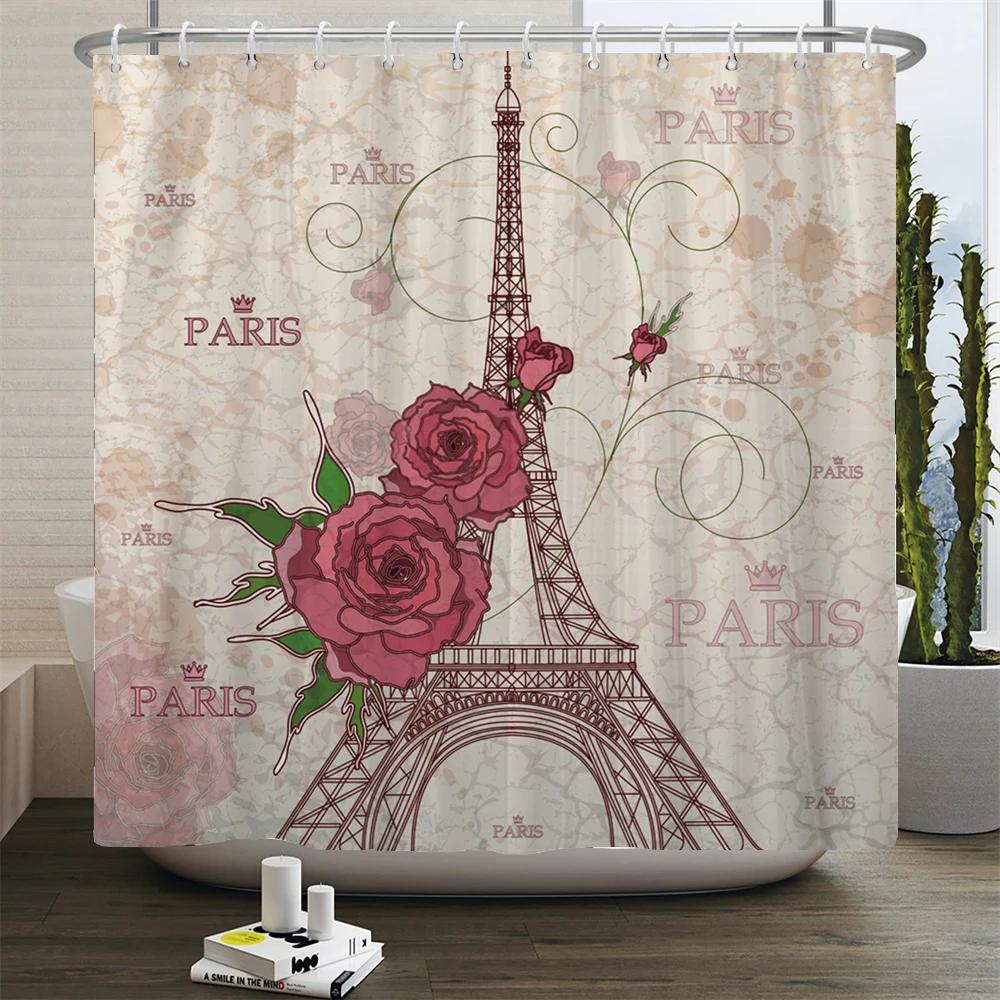 

Waterproof Shower Curtain Starry Paris Tower Scenery Washable Fabric Bathroom Polyester Bath Curtain With Hooks Decor Curtain W90xH180cm