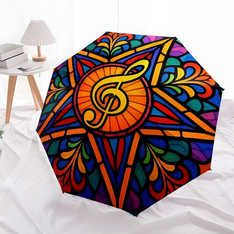 1pc Colorful Stained Glass Music Note Design Automatic Folding Umbrella - Portable 3-Fold Design with Iron Frame, Perfect for Outdoor Use, Festive Gif