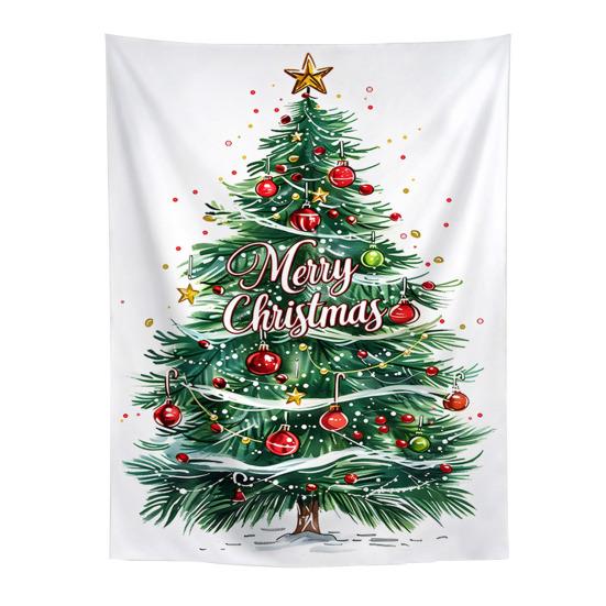 Festive Window Hanging Merry Christmas Tapestry, Wall Fabric Backdrop, Xmas Tree Winter Holiday Party Scene Decoration Art for Living Room,