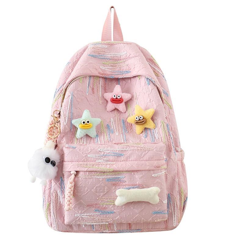 Autumn New Simple Lightweight Student Backpack Junior/high School Girl Schoolbag Cute Sweet Embroidery Striped Travel Book Bags with Cartoon Pendant