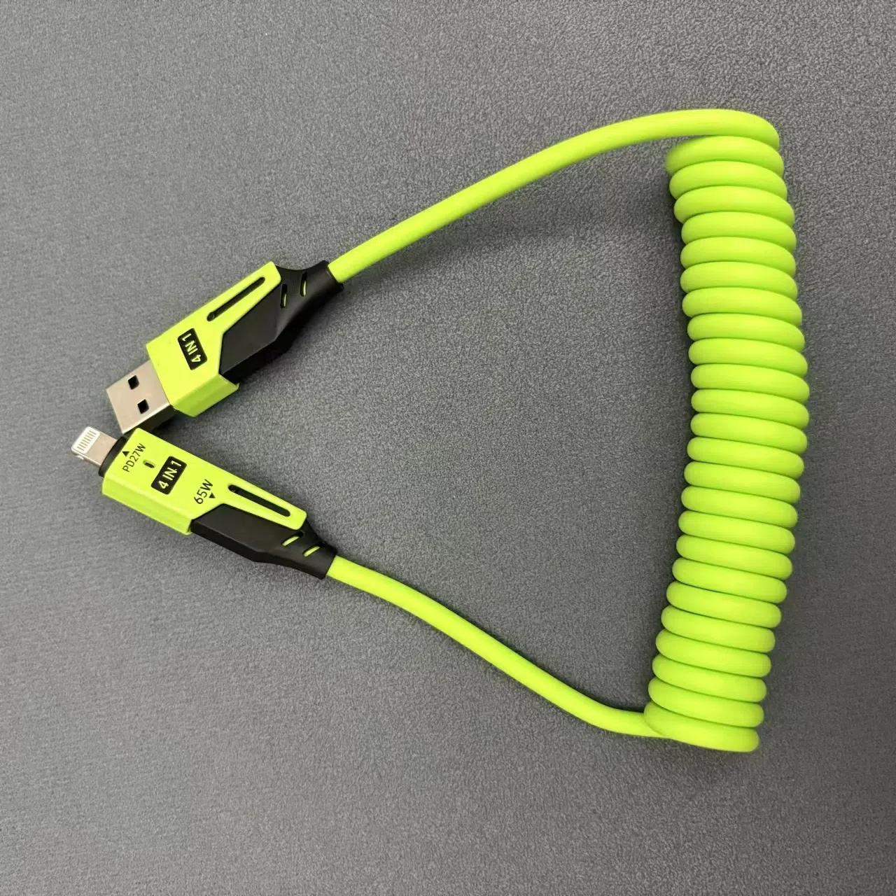 

4 in 1 65W Spring Short Data Cable 6A USB Type C Spring Telescopic Quick Charger Wire Spring USB Cable for iPhone 16 15 14 13 12