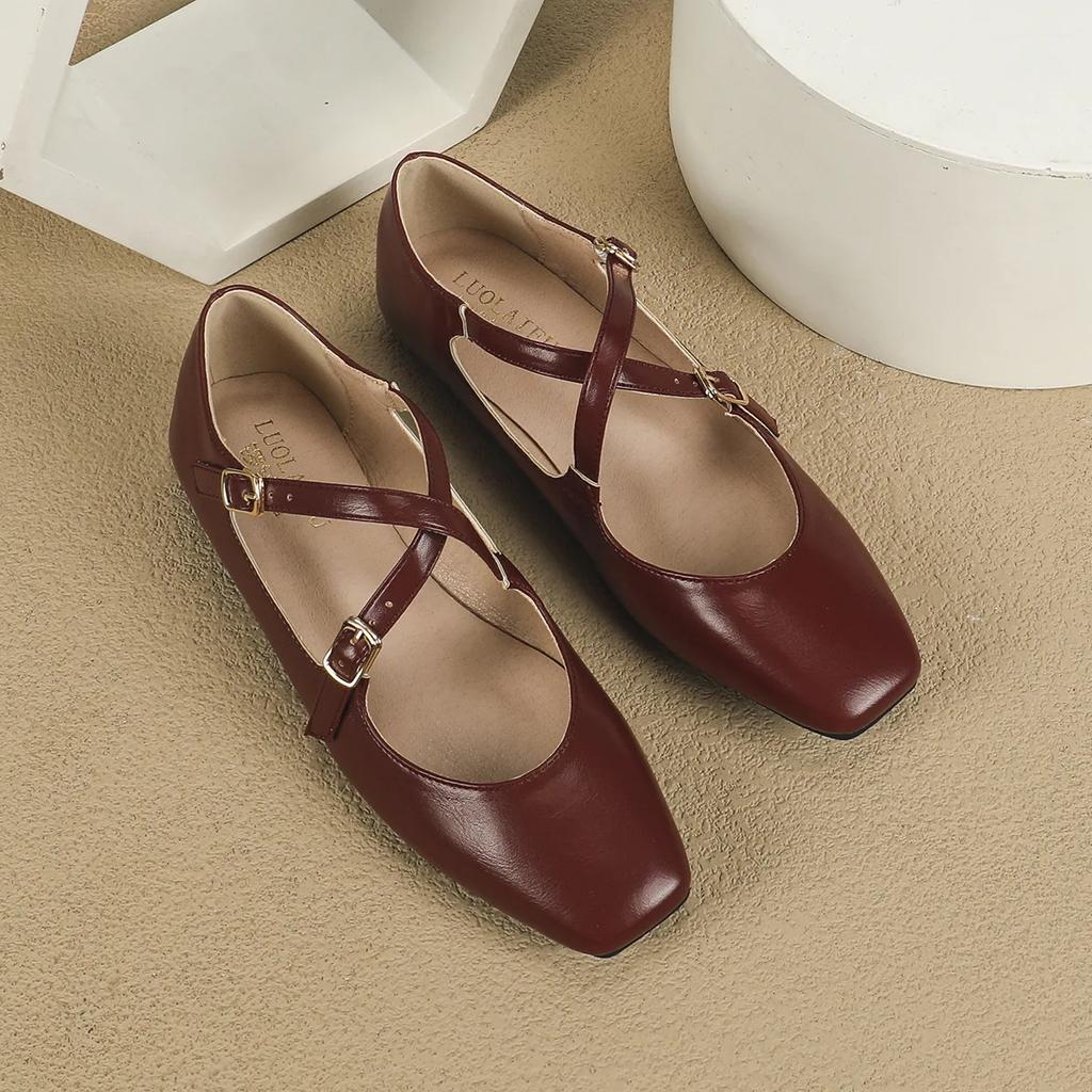 Fashion Low Heeled Mary Jane Single Shoes 2025 Women Shoes Retro Shallow Ballet Shoes Cross Buckle Shallow Soft Sole Flats Plus Size 44
