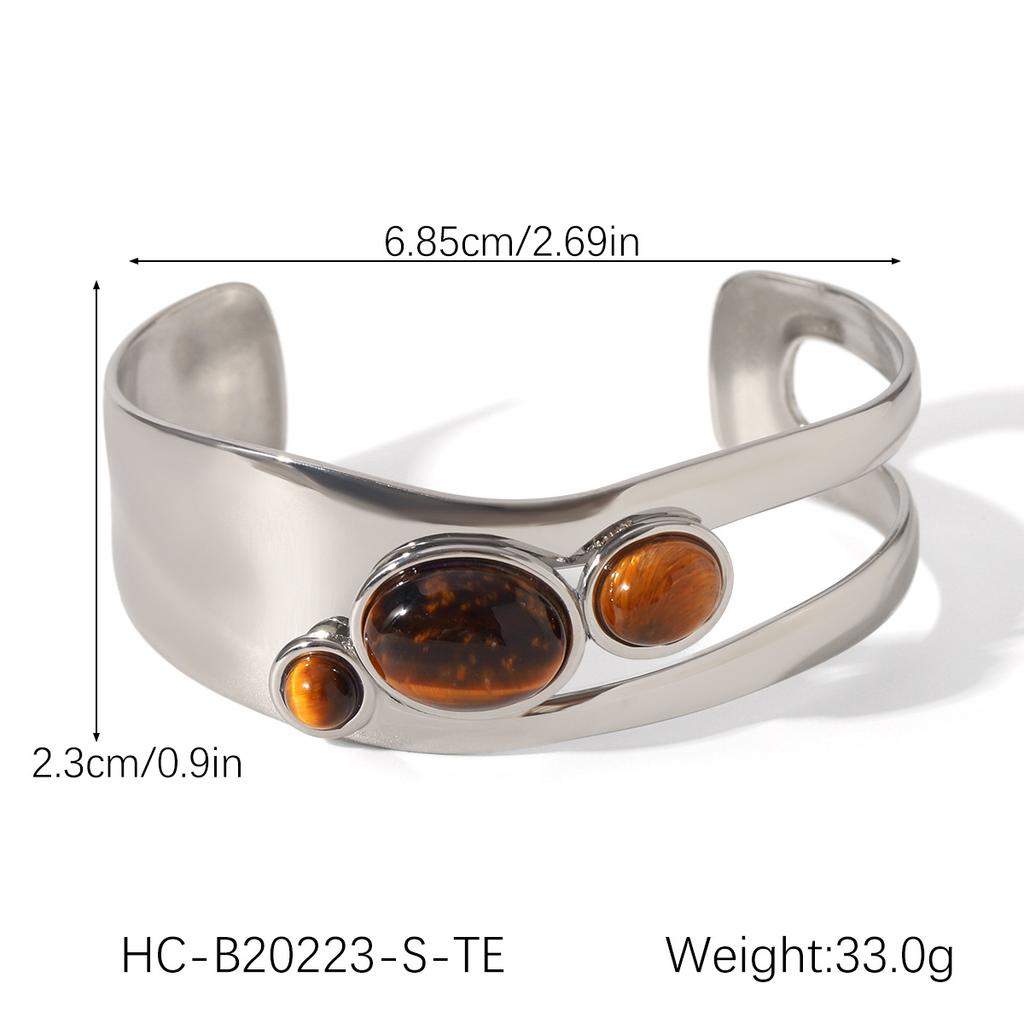 Hollow-out Stainless Steel Tiger Eye Open Bangle for Women, Pearl Bracelet, Titanium Steel Jewelry, Non-fading Accessory