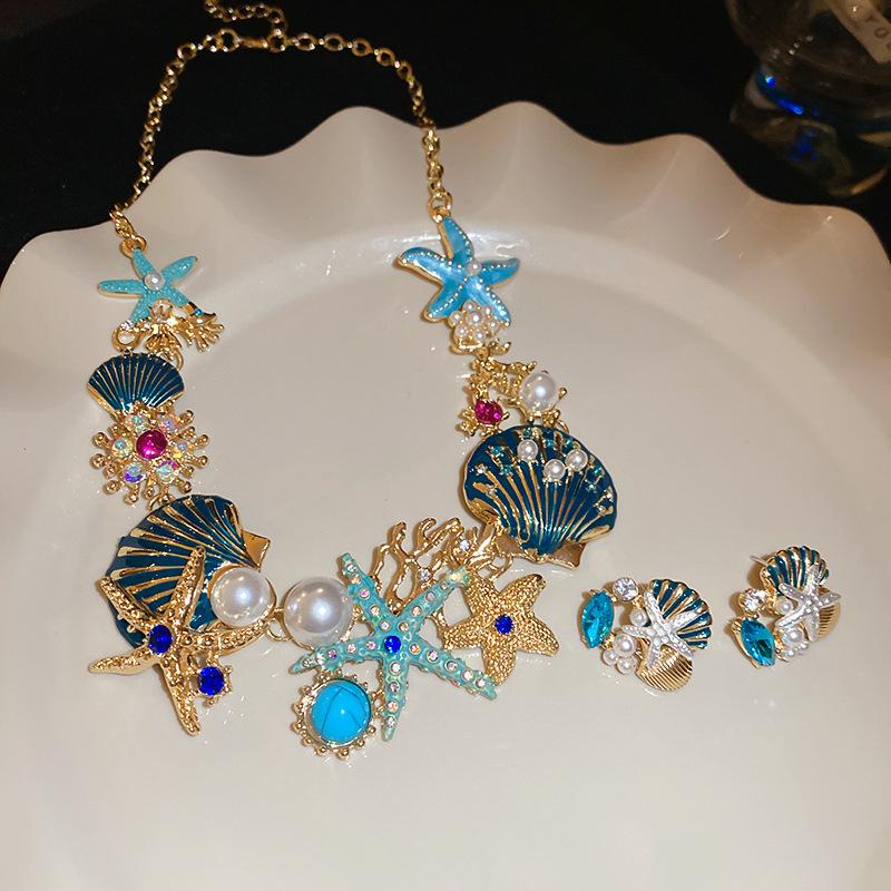 2025 Luxury Beach Multicolor Starfish Shell Necklace Earrings Women Pearls Shining Rhinestones Blue Ocean Elegant Y2K Jewelry
