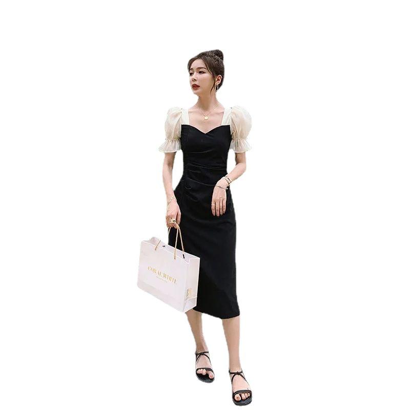 Damen 2021 Sommer Schwarz Slim Kurzarm Midi-Kleid